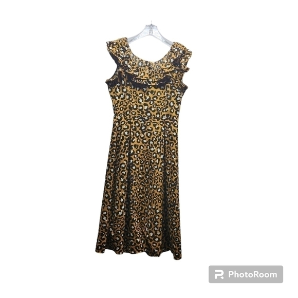 Who What Wear XS Leopard Print Button Frill Ruffle Boatneck Midi A Line Dress - Picture 5 of 9